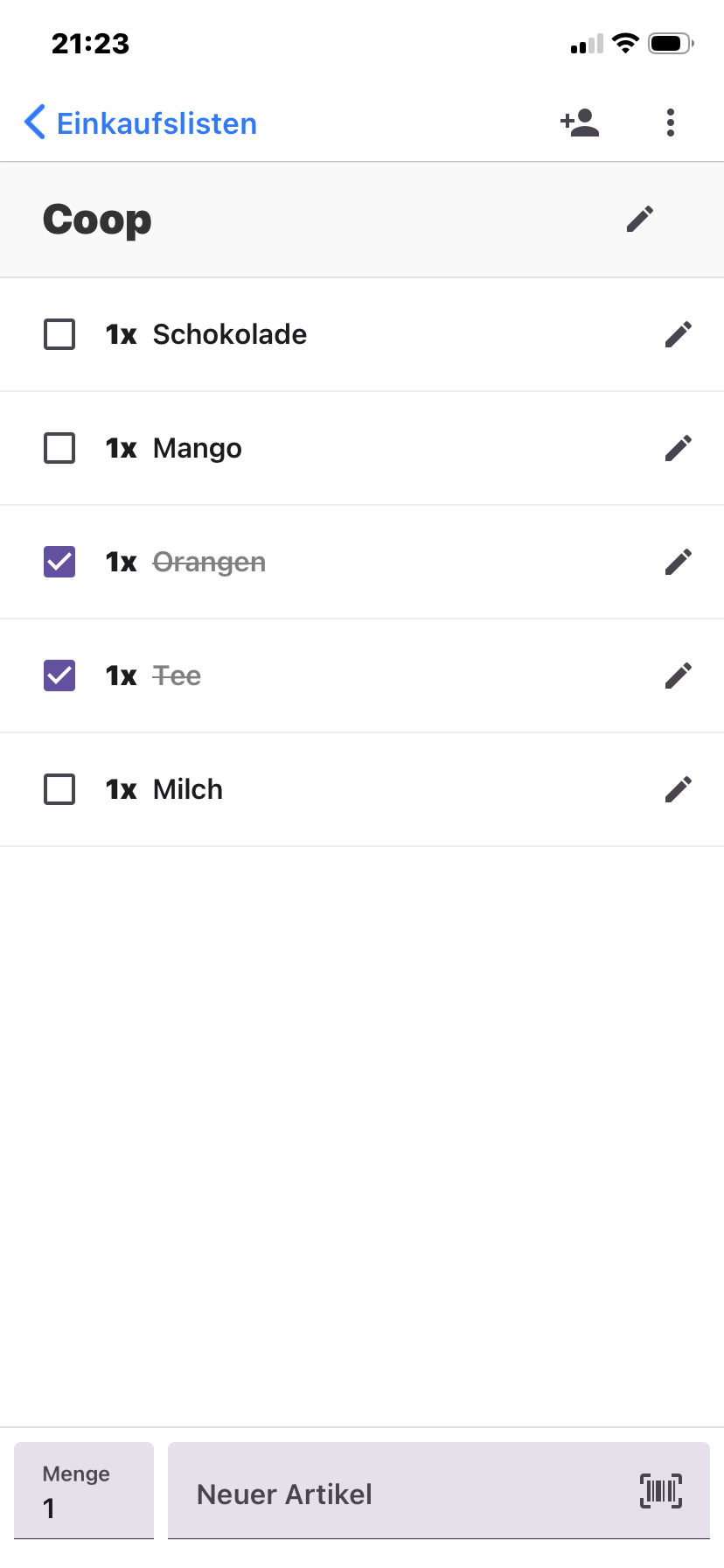 Screenshot der Familien-Einkaufsliste Seite