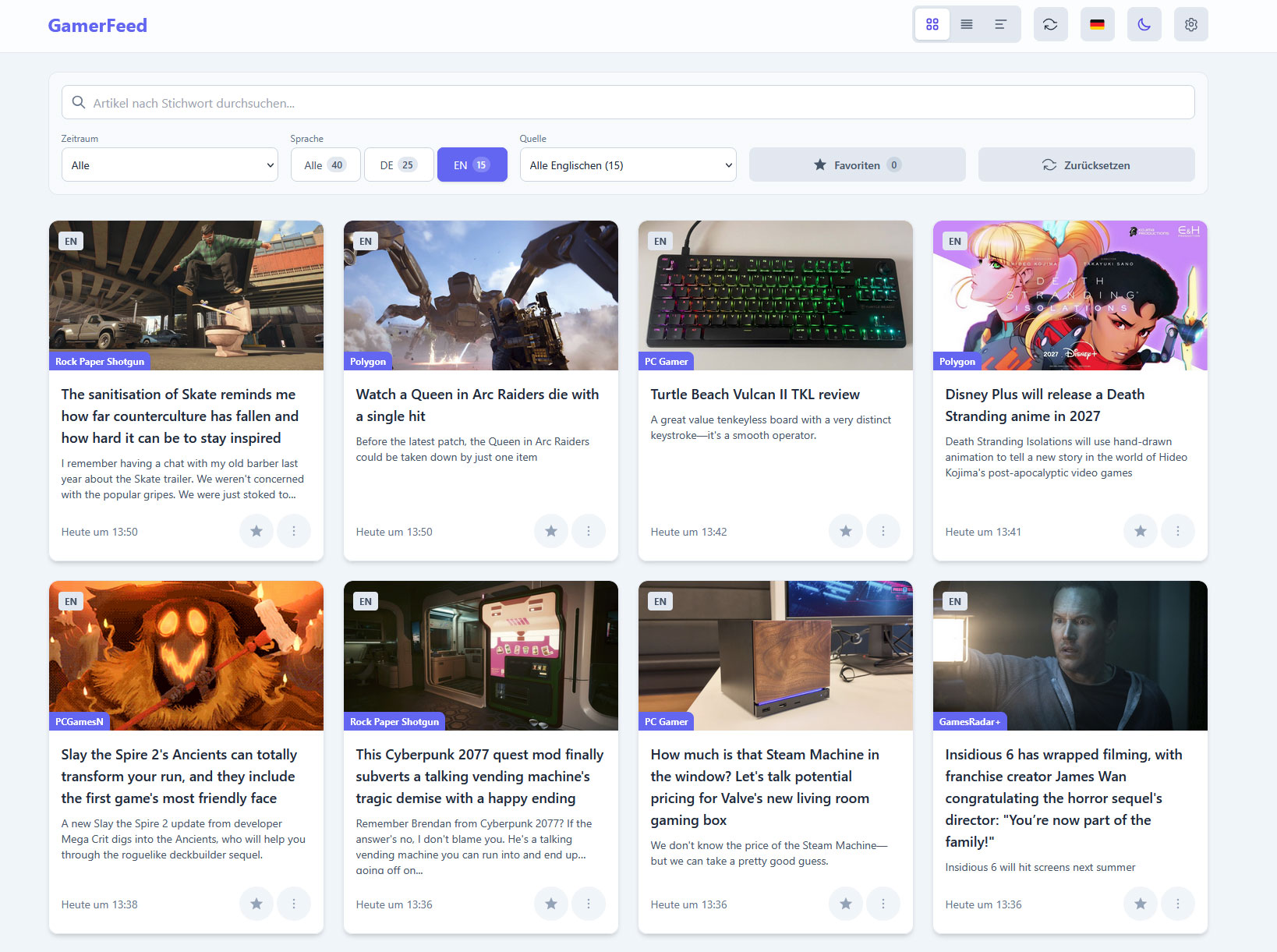Screenshot der GamerFeed Seite